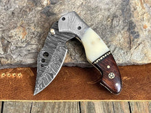 Load image into Gallery viewer, Damascus Steel Pocket Knife with Belt Clip Camel Bone Rose Wood Handle