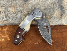 Load image into Gallery viewer, Damascus Steel Pocket Knife with Belt Clip Camel Bone Rose Wood Handle