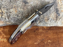 Load image into Gallery viewer, Damascus Steel Pocket Knife with Belt Clip Camel Bone Rose Wood Handle