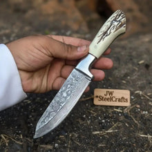 Load image into Gallery viewer, Custom Damascus Drop Point Belt Knife Fixed Blade Synthetic Stag Handle with Steel Bolster