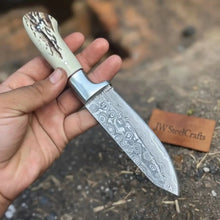 Load image into Gallery viewer, Custom Damascus Drop Point Belt Knife Fixed Blade Synthetic Stag Handle with Steel Bolster