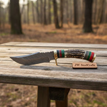 Load image into Gallery viewer, Damascus Steel Skinner Knife Deer Antler Handle Brass Guard Handmade Fixed Blade Hunting Knife