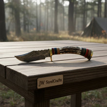 Load image into Gallery viewer, Damascus Steel Skinner Knife Deer Antler Handle Brass Guard Handmade Fixed Blade Hunting Knife