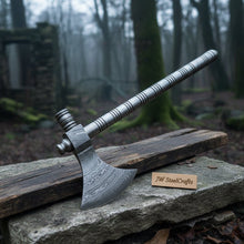 Load image into Gallery viewer, Damascus Steel Smoking Pipe Axe – Hand Forged Functional Pipe Tomahawk with Carved Hardwood Handle | JW SteelCrafts