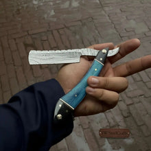 Load image into Gallery viewer, Straight Razor Damascus Steel Folding Barber Razor Blue Wood Handle