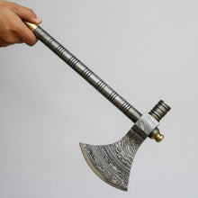 Load image into Gallery viewer, Damascus Steel Tabar Style Hand Axe with Crescent Edge and Spike | JW SteelCrafts