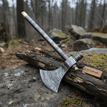 Load image into Gallery viewer, Damascus Steel Tabar Style Hand Axe with Crescent Edge and Spike | JW SteelCrafts