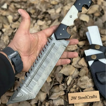 Load image into Gallery viewer, Damascus Steel Tracker Knife with Dual-Tone Bone &amp; Black Handle | Handmade Leather Sheath