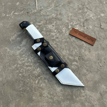 Load image into Gallery viewer, Damascus Steel Tracker Knife with Dual-Tone Bone &amp; Black Handle | Handmade Leather Sheath