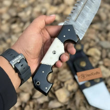 Load image into Gallery viewer, Damascus Steel Tracker Knife with Dual-Tone Bone &amp; Black Handle | Handmade Leather Sheath