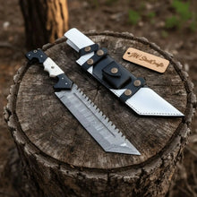 Load image into Gallery viewer, Damascus Steel Tracker Knife with Dual-Tone Bone &amp; Black Handle | Handmade Leather Sheath