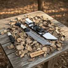 Load image into Gallery viewer, Damascus Steel Tracker Knife with Dual-Tone Bone &amp; Black Handle | Handmade Leather Sheath
