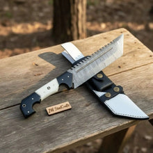 Load image into Gallery viewer, Damascus Steel Tracker Knife with Dual-Tone Bone &amp; Black Handle | Handmade Leather Sheath