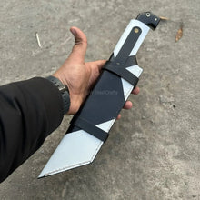 Load image into Gallery viewer, Damascus Steel Tracker Knife with Dual-Tone Bone &amp; Black Handle | Handmade Leather Sheath