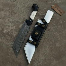 Load image into Gallery viewer, Damascus Steel Tracker Knife with Dual-Tone Bone &amp; Black Handle | Handmade Leather Sheath