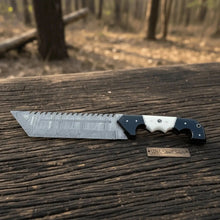 Load image into Gallery viewer, Damascus Steel Tracker Knife with Dual-Tone Bone &amp; Black Handle | Handmade Leather Sheath