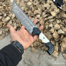Load image into Gallery viewer, Damascus Steel Tracker Knife with Dual-Tone Bone &amp; Black Handle | Handmade Leather Sheath