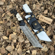 Load image into Gallery viewer, Damascus Steel Tracker Knife with Dual-Tone Bone &amp; Black Handle | Handmade Leather Sheath