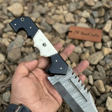 Load image into Gallery viewer, Damascus Steel Tracker Knife with Dual-Tone Bone &amp; Black Handle | Handmade Leather Sheath