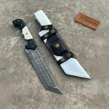 Load image into Gallery viewer, Damascus Steel Tracker Knife with Dual-Tone Bone &amp; Black Handle | Handmade Leather Sheath