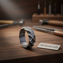 Load image into Gallery viewer, Mens Damascus Steel Twisted Faceted Wedding Band Handmade Ring