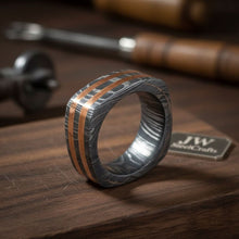 Load image into Gallery viewer, Damascus Steel Wedding Ring Double Copper Inlay Handmade Band
