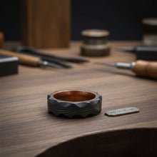 Load image into Gallery viewer, Damascus Steel Wedding Ring Hammered Texture with Copper Inner Band