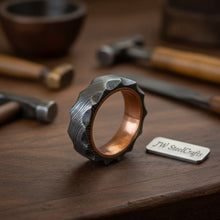 Load image into Gallery viewer, Damascus Steel Wedding Ring Hammered Texture with Copper Inner Band
