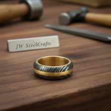 Load image into Gallery viewer, Damascus Steel Wedding Ring Twisted Pattern with Brass Inlay Band