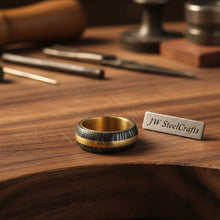 Load image into Gallery viewer, Damascus Steel Wedding Ring Twisted Pattern with Brass Inlay Band