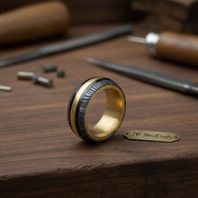Load image into Gallery viewer, Damascus Steel Wedding Ring Twisted Pattern with Brass Inlay Band