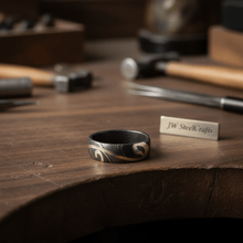 Load image into Gallery viewer, Damascus Steel Wedding Ring with Brass Swirl Inlay Band