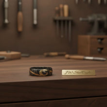 Load image into Gallery viewer, Damascus Steel Wedding Ring with Brass Swirl Inlay Band