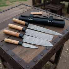 Load image into Gallery viewer, 4-Piece Twisted Damascus Kitchen Knife Set — Chef, Nakiri, Slicer &amp; Paring with Olive Wood Wa Handles &amp; Black Leather Roll | JW Steel Crafts