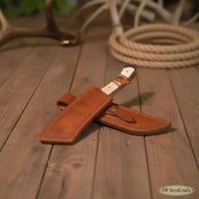 Load image into Gallery viewer, Damascus Tanto Trailing Point Hunting Knife Bone Handle 12 Inch Handmade Leather Sheath