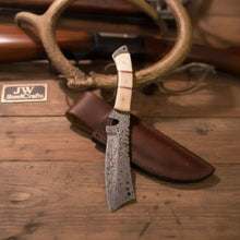 Load image into Gallery viewer, Damascus Tanto Trailing Point Hunting Knife Bone Handle 12 Inch Handmade Leather Sheath