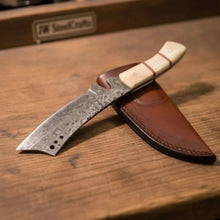 Load image into Gallery viewer, Damascus Tanto Trailing Point Hunting Knife Bone Handle 12 Inch Handmade Leather Sheath