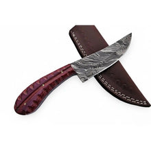 Load image into Gallery viewer, Damascus Trailing Point Skinner Knife with Red Wood Handle – 9 Inch Overall