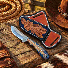Load image into Gallery viewer, Handmade Horse Rasp Stainless Steel Cowboy Skinner Knife with Dark Textured Stone Handle &amp; Decorative Cross-Draw Leather Sheath – SH-059