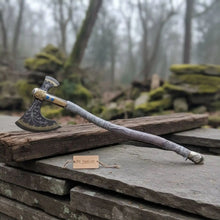 Load image into Gallery viewer, Hand Forged Viking Fantasy Double-Bit Axe with Norse Engraving, Gold Handle Fittings and Blue Gemstone Inlays