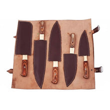 Load image into Gallery viewer, Handmade Damascus Kitchen Knife Set with Pakka Wood Handles and Leather Roll, Full Tang Chef Santoku Cleaver Utility and Paring Knives, Professional Culinary Collection