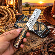 Load image into Gallery viewer, Handmade Horse Rasp Stainless Steel Cowboy Bull Cutter Knife with Orange Patterned Stone Handle &amp; Decorative Leather Sheath – SH-DS/077