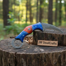 Load image into Gallery viewer, Damascus Karambit Knife with Blue Wood Handle, Finger Ring, and Sheath