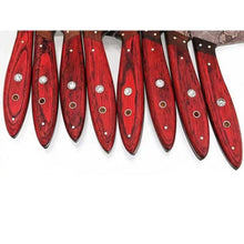 Load image into Gallery viewer, 8 Piece Damascus Knife Set with Red Pakka Handles and  Leather Roll