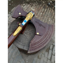 Load image into Gallery viewer, Hand Forged Viking Fantasy Double-Bit Axe with Norse Engraving, Gold Handle Fittings and Blue Gemstone Inlays