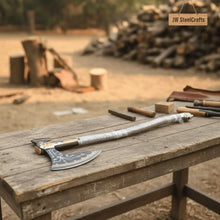 Load image into Gallery viewer, Hand Forged Viking Fantasy Double-Bit Axe with Norse Engraving, Gold Handle Fittings and Blue Gemstone Inlays