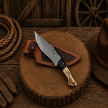 Load image into Gallery viewer, Deer Hunting Bowie Knife – Frostfang Damascus Steel Stag Handle