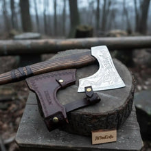 Load image into Gallery viewer, Hand Forged Carbon Steel Viking Axe with Carved Ash Wood Handle and Leather Grip