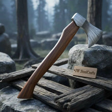 Load image into Gallery viewer, Compact Damascus Steel Camping Axe with Hardwood Handle &amp; Leather Sheath