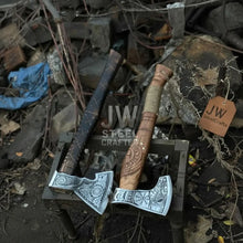 Load image into Gallery viewer, Norse Viking Axe Set with Engraved Steel Heads and Carved Hardwood Handles